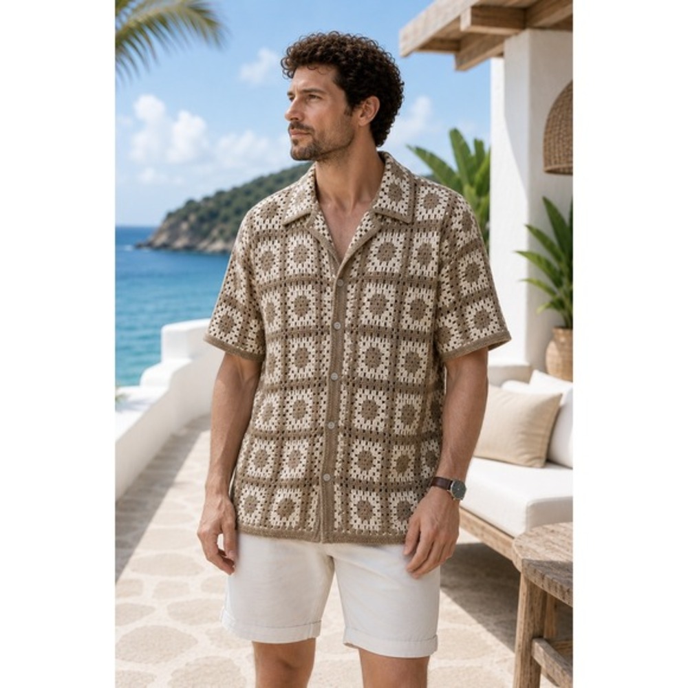 Luca Mateo Granny Square Crochet Knit Shirt Men Size M Tan Coastal Old Money NWT